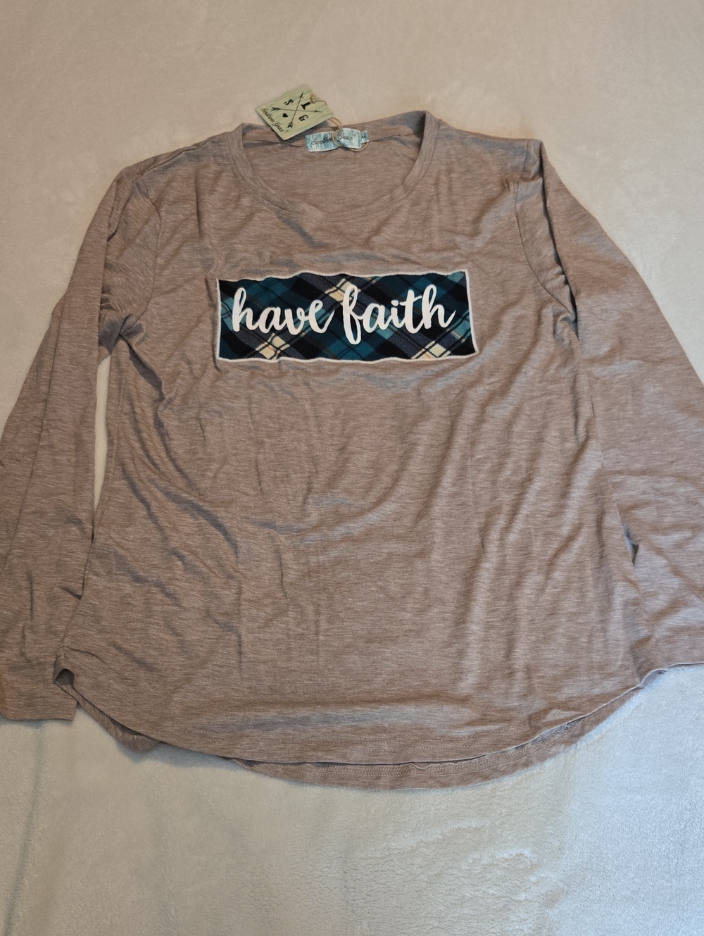 Southern Grace Taupe Long Sleeve Tee with Teal Embroidered Patch